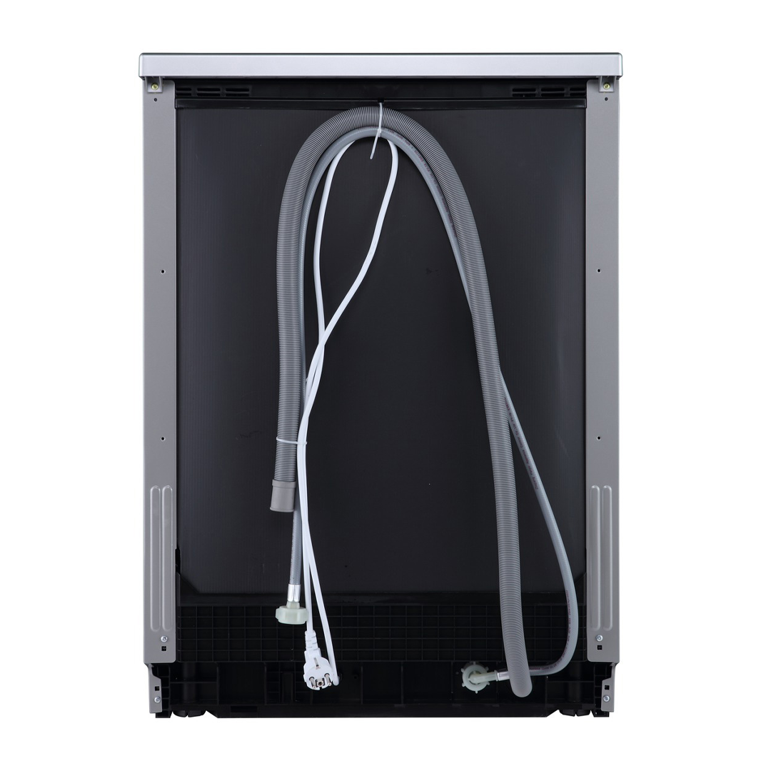 Parte trasera del lavavajillas Hisense HS-622E10X en acabado inox, mostrando conexiones y diseño. Disponible en Electrocash