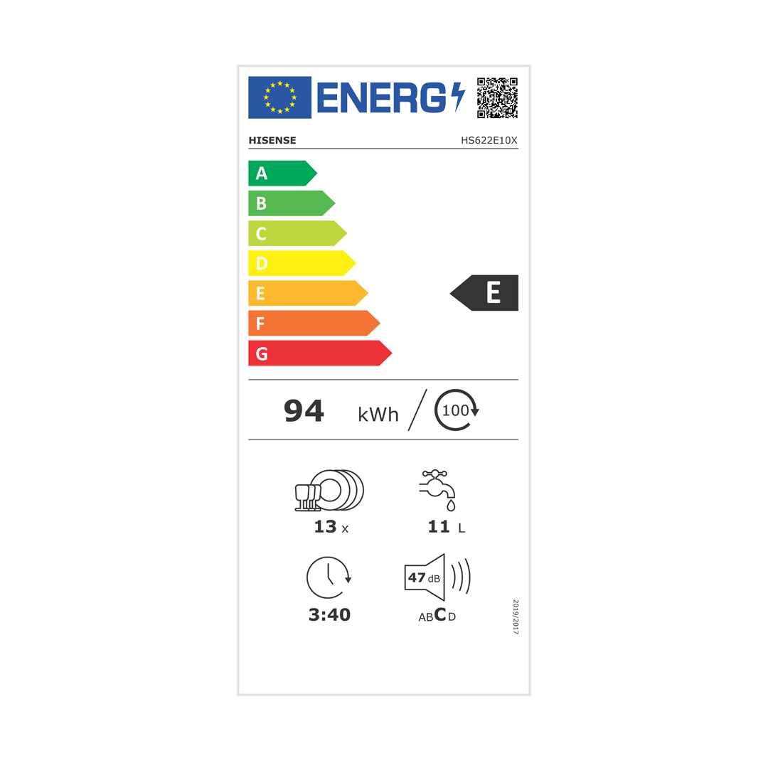 Detalle de la tabla de consumo energético del lavavajillas Hisense HS-622E10X, destacando su eficiencia. Disponible en Electrocash