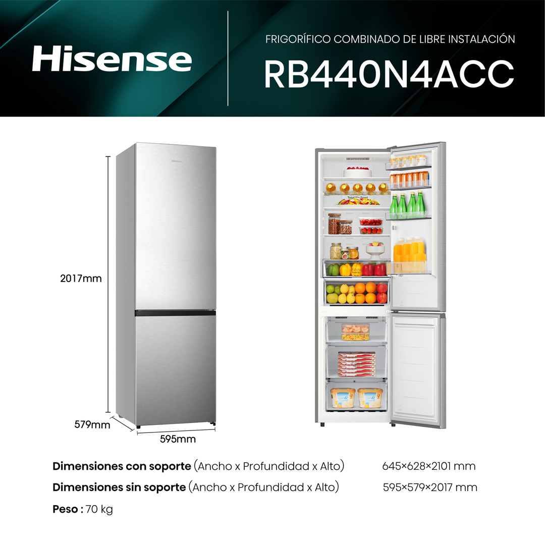 Imagen del frigorífico combi Hisense RB-440N4ACC en acero inoxidable, mostrando sus dimensiones de 201x60 cm. Disponible en Electrocash