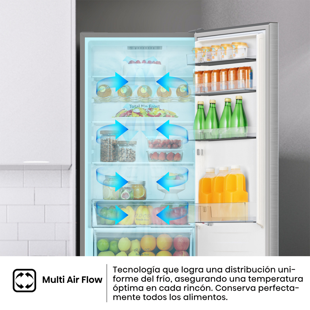 Promoción del sistema Multi Air Flow del frigorífico combi Hisense RB-440N4ACC en acero inoxidable, garantizando una circulación de aire óptima. Disponible en Electrocash