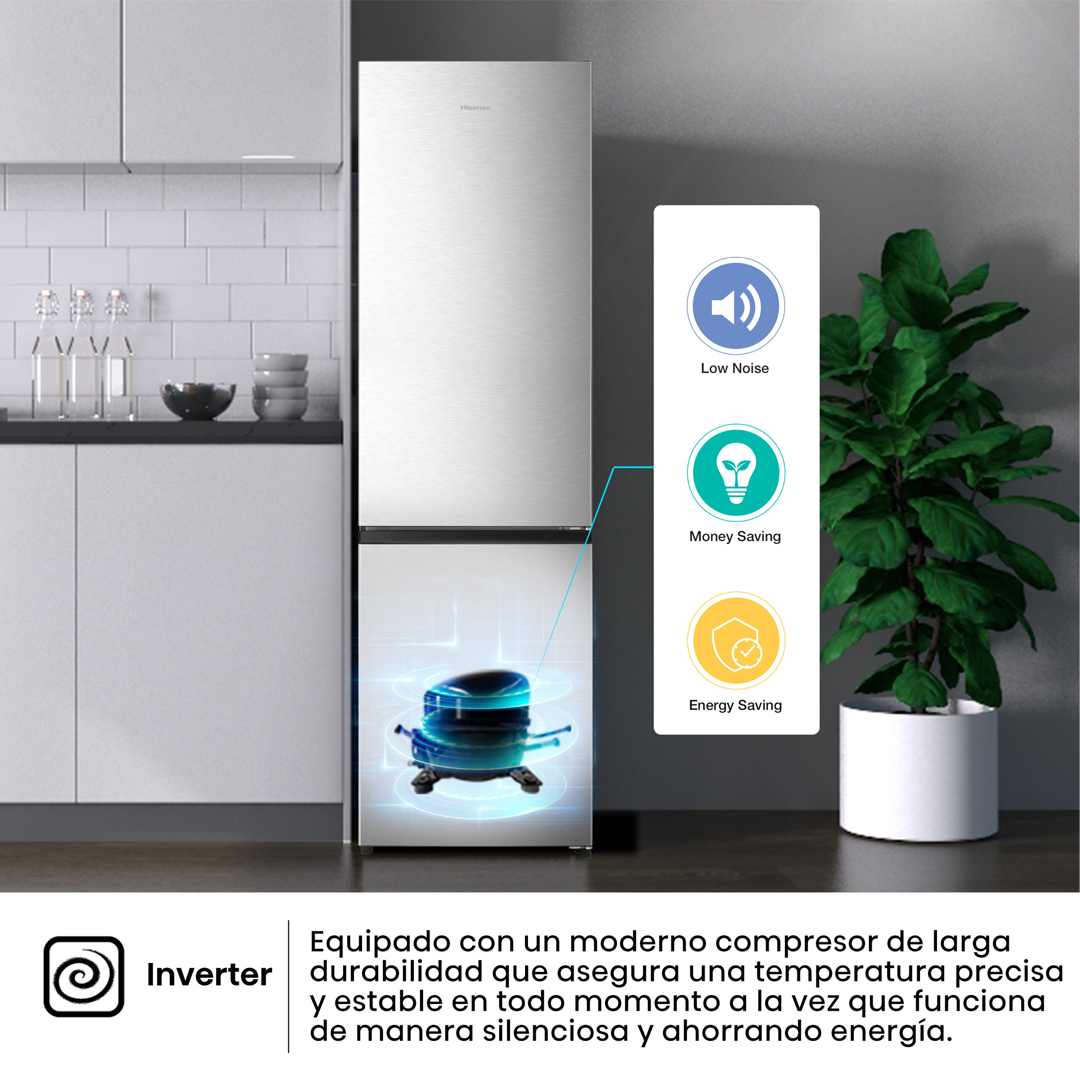 Imagen del sistema Inverter del frigorífico combi Hisense RB-440N4ACC en acero inoxidable, asegurando eficiencia energética y rendimiento duradero. Disponible en Electrocash