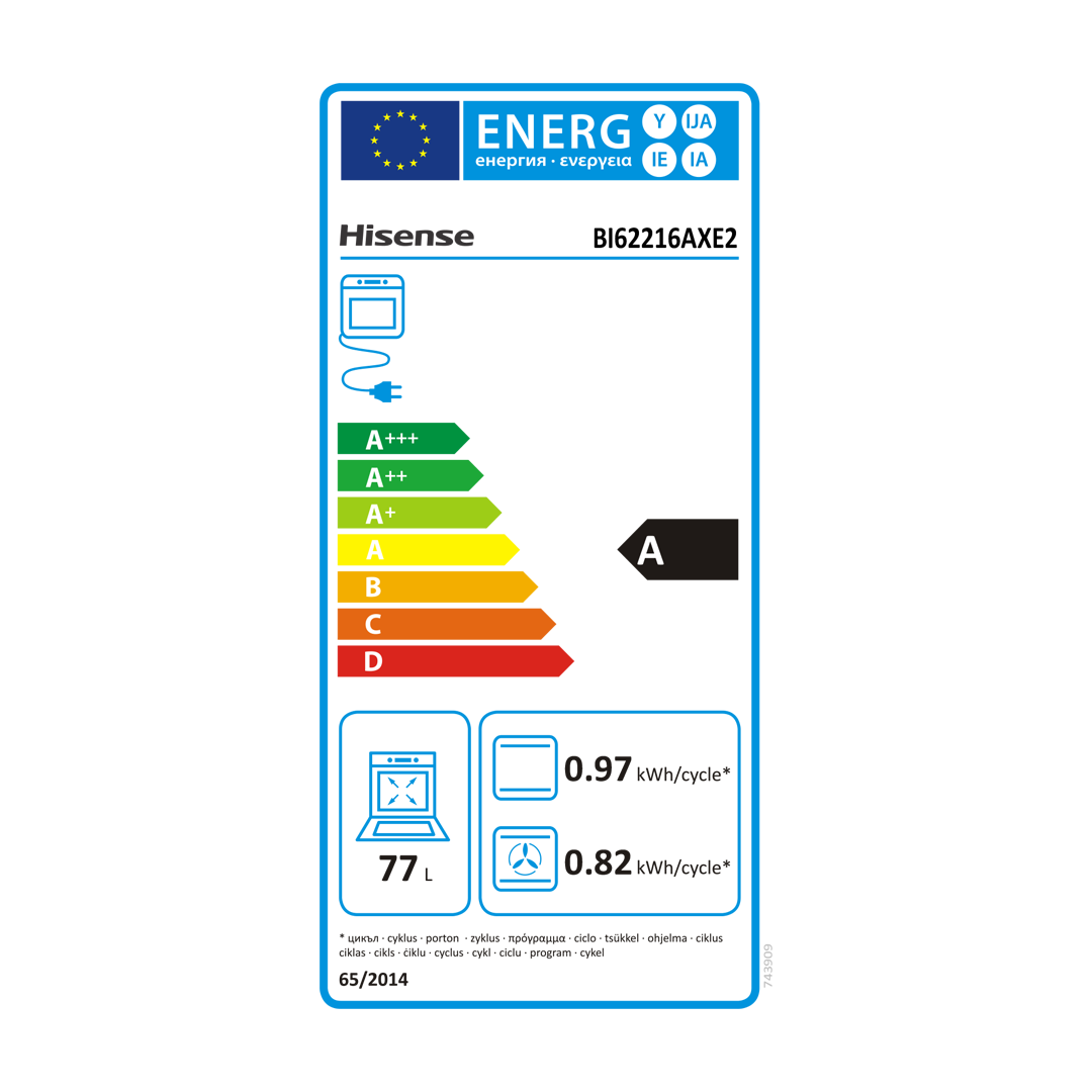 Consulta la tabla de eficiencia energética del horno inoxidable BI-62216AXE2 Hisense A para una gestión eficiente de recursos