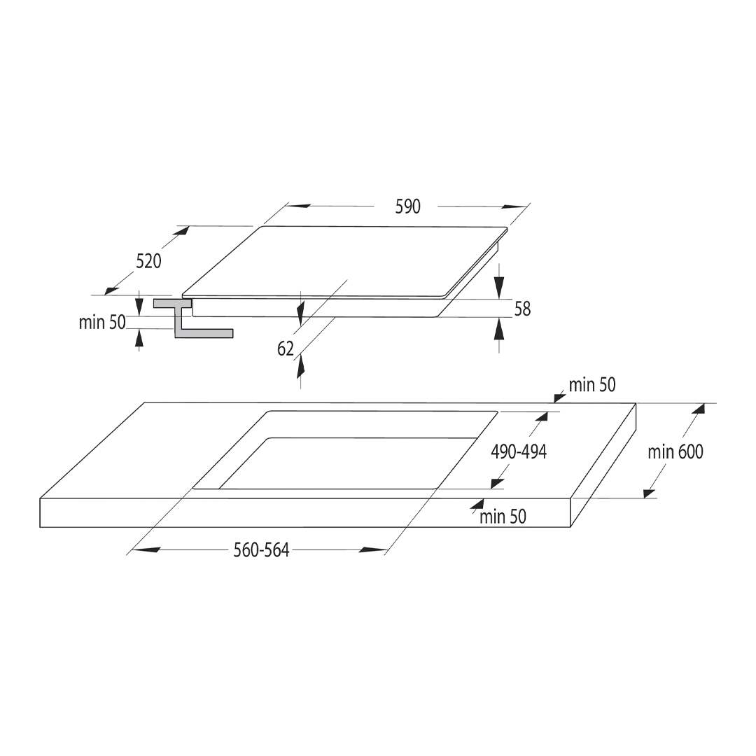 Imagen detallada de las dimensiones de la placa de inducción HI-6311BSCE de Hisense, proporcionando información precisa sobre su tamaño y dimensiones exactas