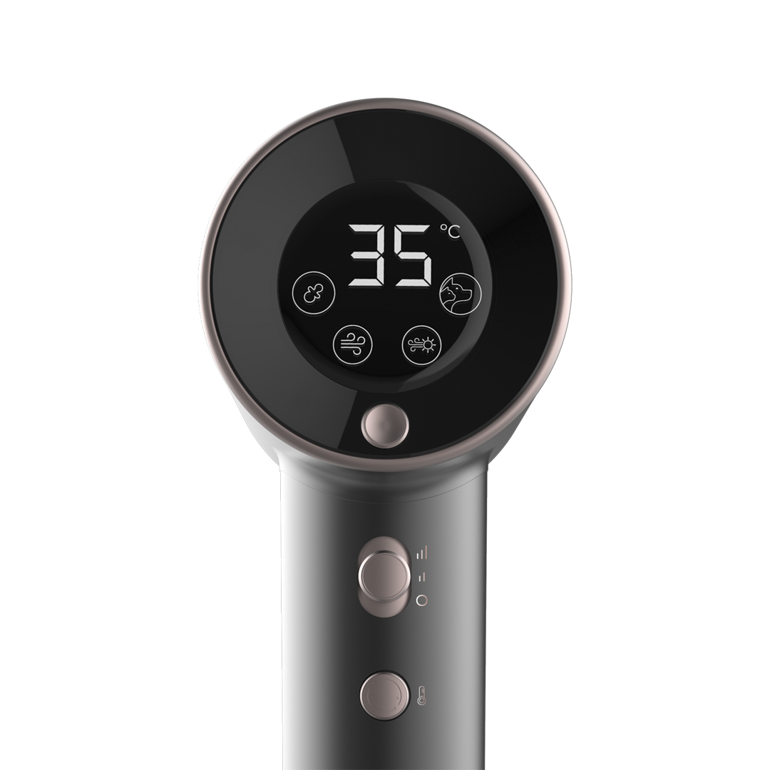 Imagen de la interfaz LED del secador 04405 Bamba IoniCare de Cecotec, mostrando los controles y modos de secado disponibles, ideal para un manejo intuitivo y personalización del secado, disponible en Electrocash