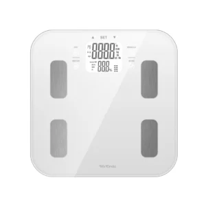 Imagen principal de la báscula de baño MX-PB2470 de MX Onda, con superficie de cristal y electrodos para un análisis completo del peso y la composición corporal, disponible en Electrocash