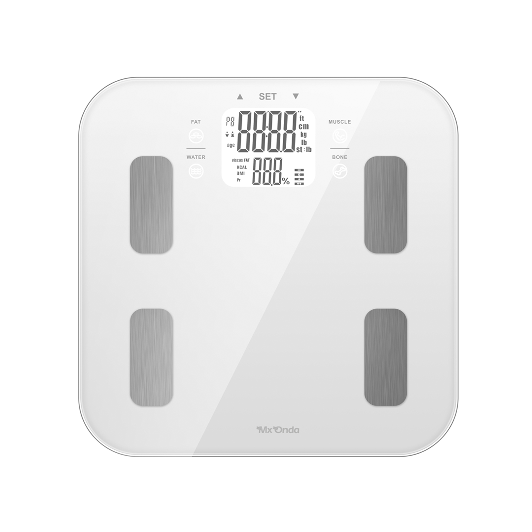 Imagen principal de la báscula de baño MX-PB2470 de MX Onda, con superficie de cristal y electrodos para un análisis completo del peso y la composición corporal, disponible en Electrocash
