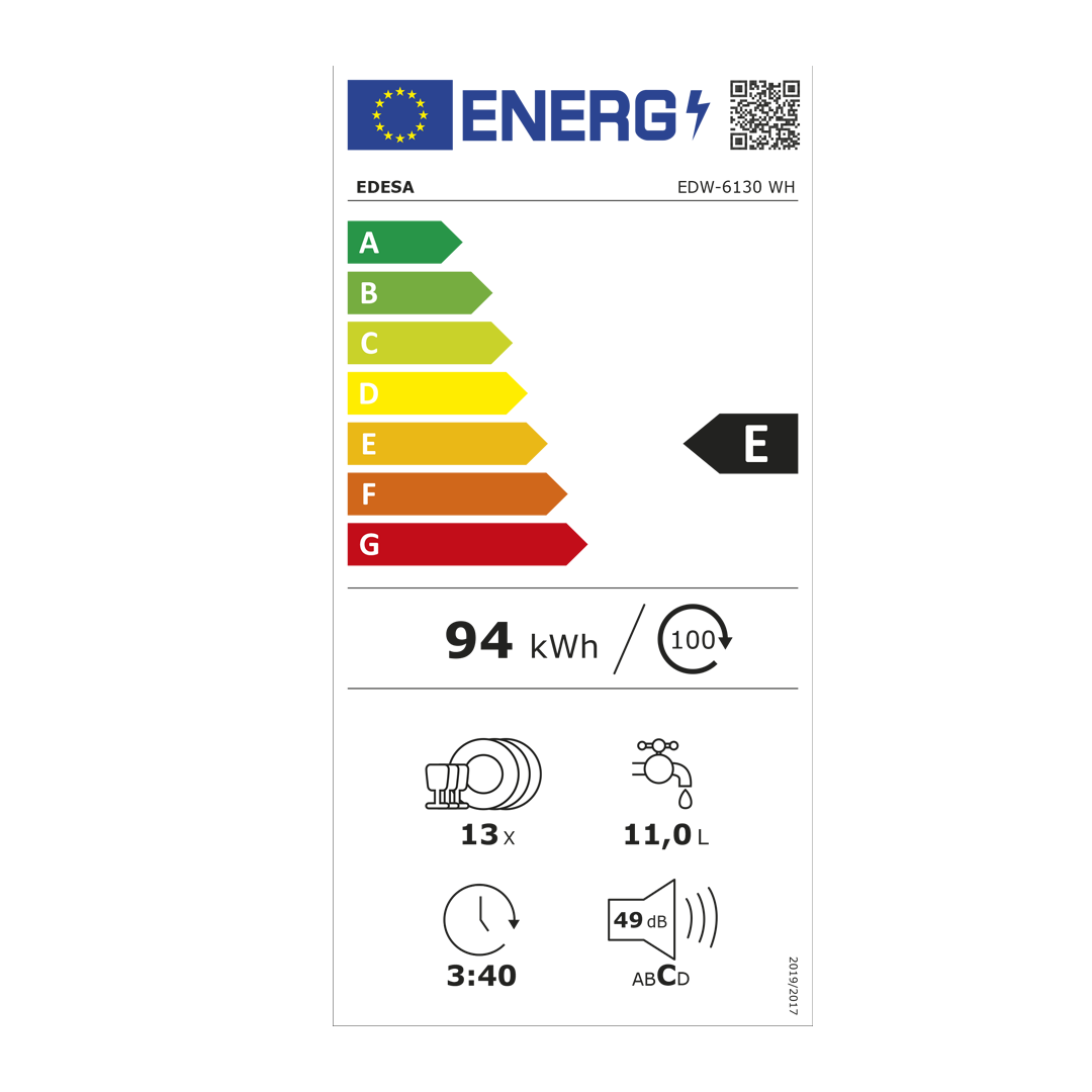 Detalle de la tabla de consumo energético del lavavajillas Edesa EDW-6130 WH, destacando su eficiencia. Disponible en Electrocash