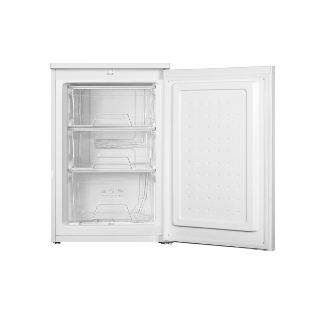 Congelador vertical Johnson JRZ-85E en color blanco, mostrando su interior con los 3 cajones abiertos. Disponible en Electrocash