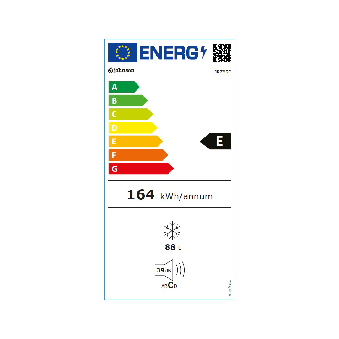 Detalle de la tabla de consumo energético del congelador vertical Johnson JRZ-85E en color blanco, destacando su eficiencia energética. Disponible en Electrocash