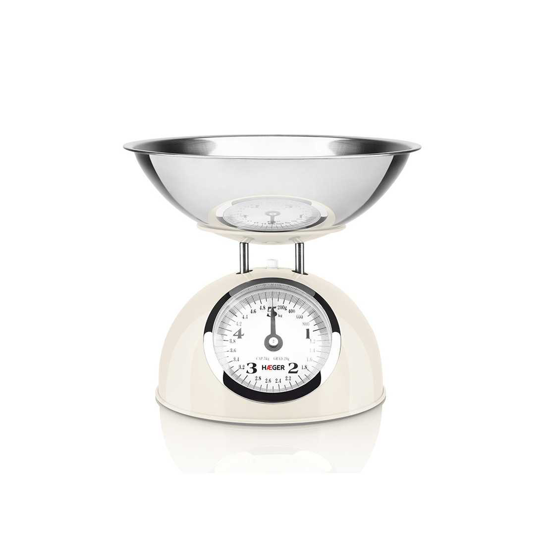 Imagen principal del peso de cocina KS-CME 009 de Haeger, color crema, con capacidad máxima de 5kg y mecanismo analógico, ideal para medir ingredientes de manera precisa, disponible en Electrocash