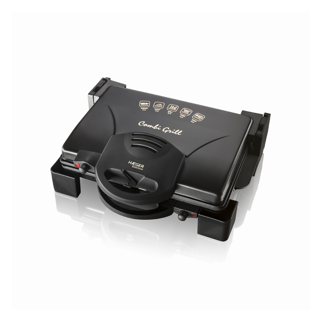 Imagen principal del grill doble GR-190.008A Baltimor de Haeger, con potencia de 1900W y placas desmontables, ideal para asar y tostar alimentos de manera uniforme, disponible en Electrocash