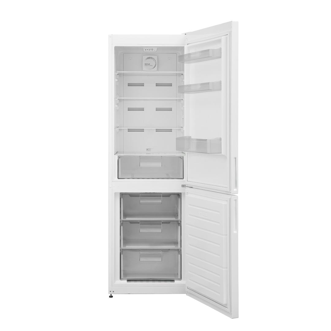 Interior del frigorífico combi blanco Telefunken TLKC-86W No Frost con puertas abiertas, mostrando los compartimentos y estantes