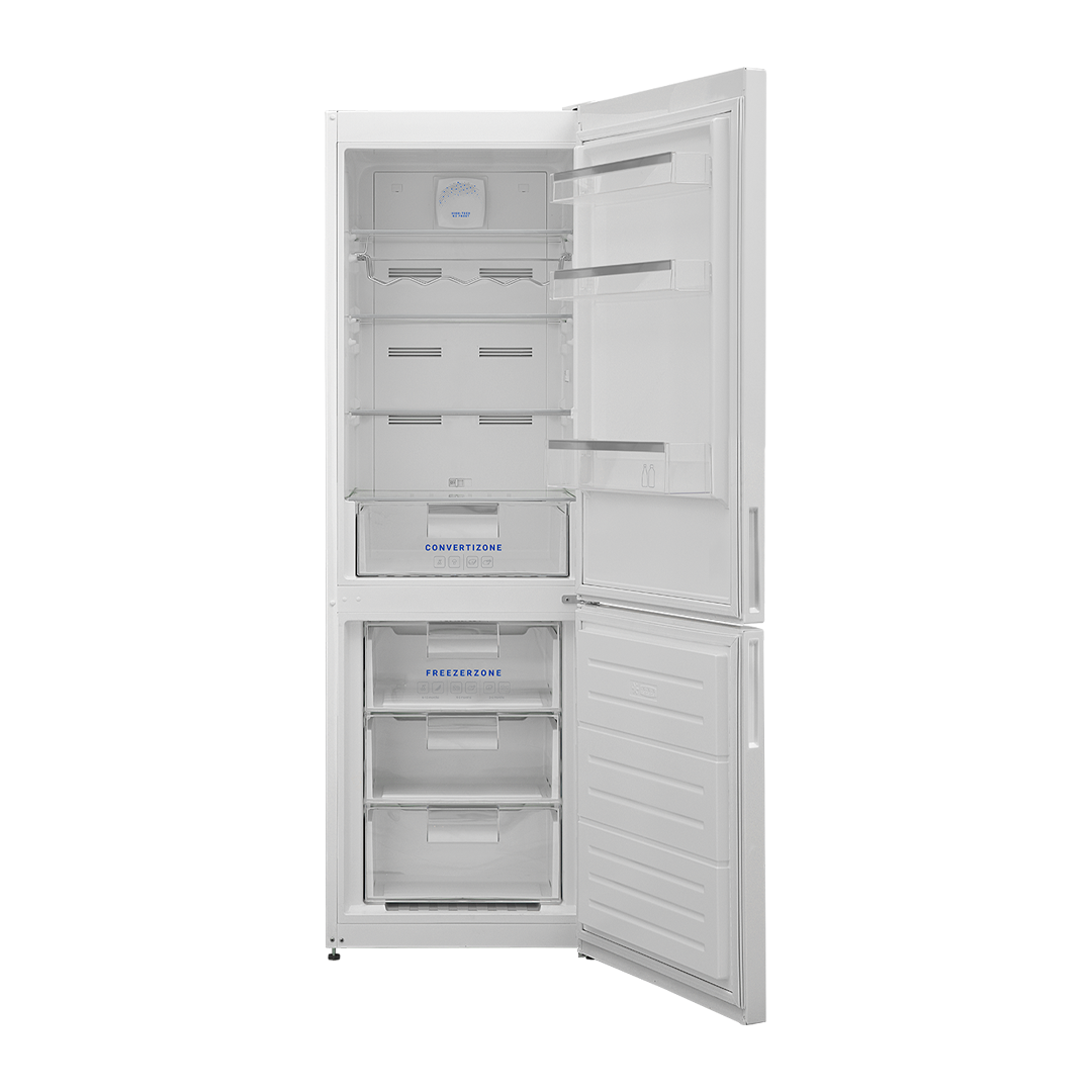 Vista del interior del frigorífico combi Daewoo FKM-295EWR1ES en color blanco, mostrando su capacidad de almacenamiento y organización. Disponible en Electrocash