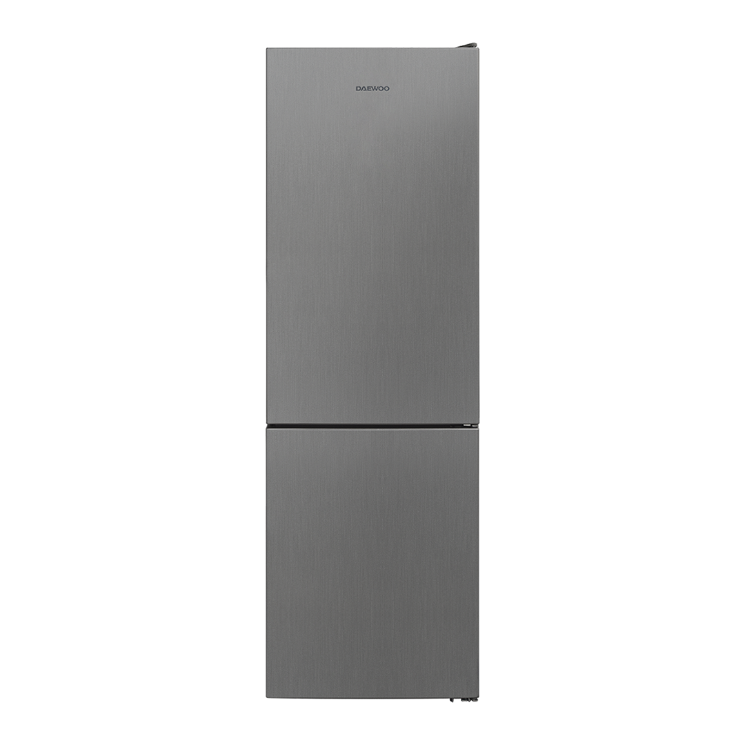 Vista frontal del frigorífico combi inoxidable Daewoo FKM-295ELR1ES con display digital, modelo de 186x60 cm y eficiencia energética E