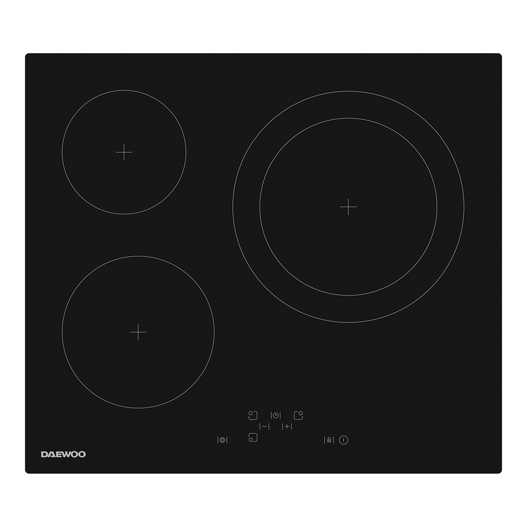 Imagen principal de la placa vitrocerámica BH-6VTF26BNLES de Daewoo, con una potencia de 5.7kW y tres zonas de cocción, disponible en Electrocash