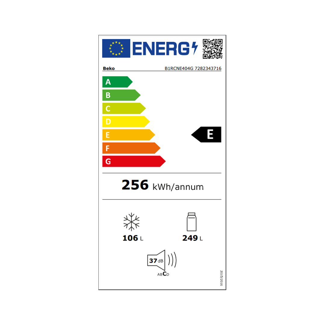 Imagen destacando la eficiencia energética del frigorífico combi Beko B1RCNE-404G en color Dark Inox, garantizando un consumo reducido. Disponible en Electrocash