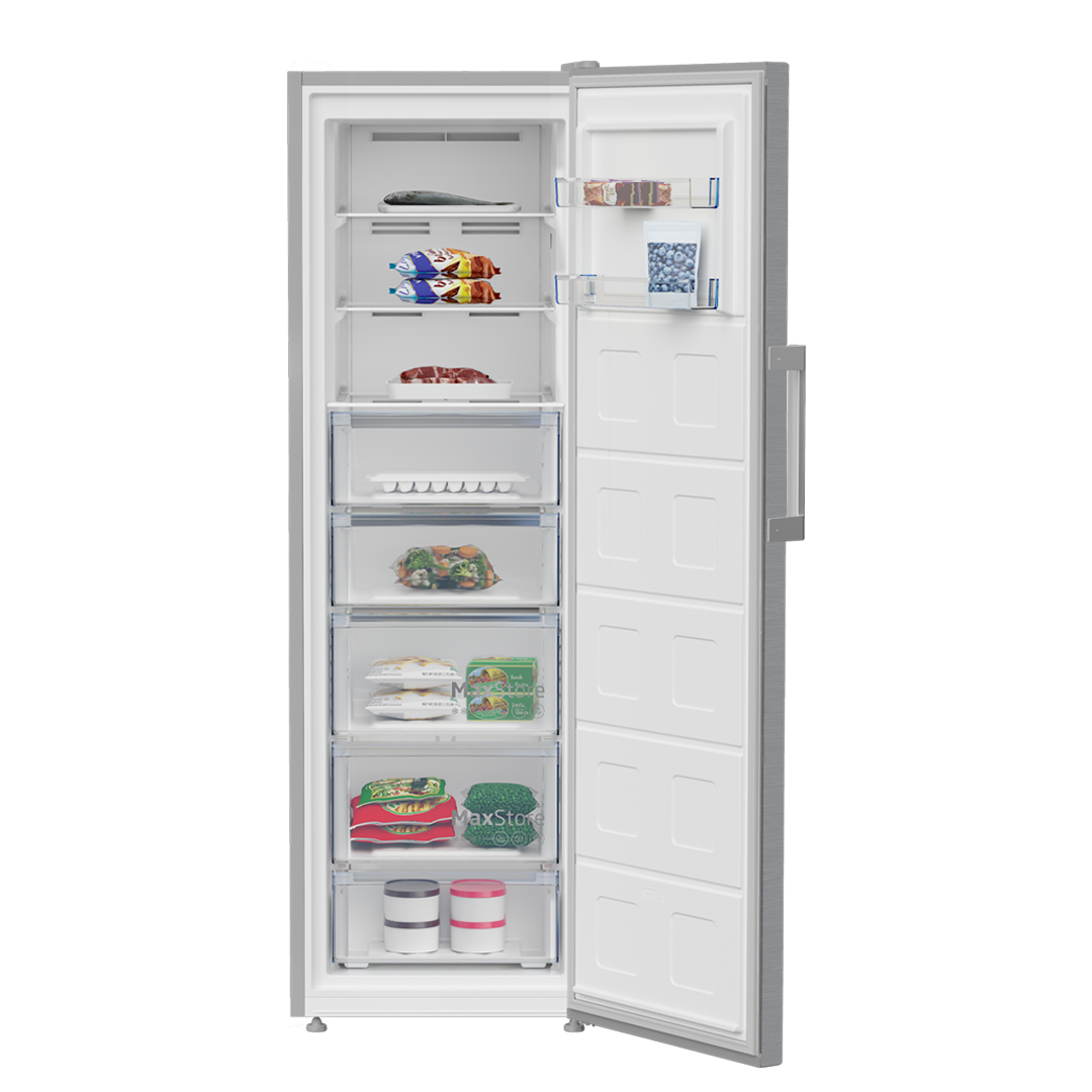 Imagen del congelador vertical B3RFNE-314XB de Beko abierto, mostrando su interior lleno de alimentos organizados, disponible en Electrocash