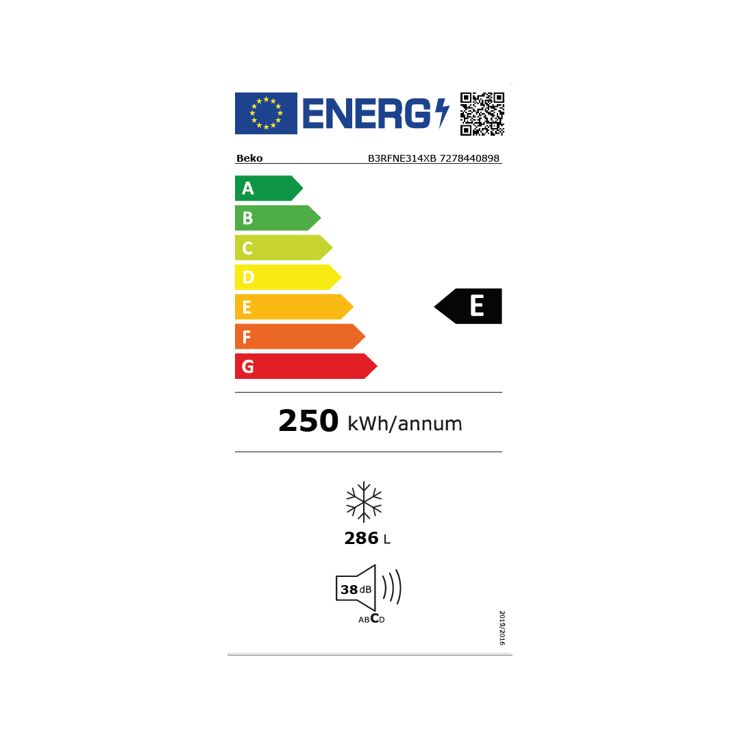 Imagen de la tabla de consumo energético del congelador vertical B3RFNE-314XB de Beko, destacando su eficiencia energética y especificaciones, disponible en Electrocash