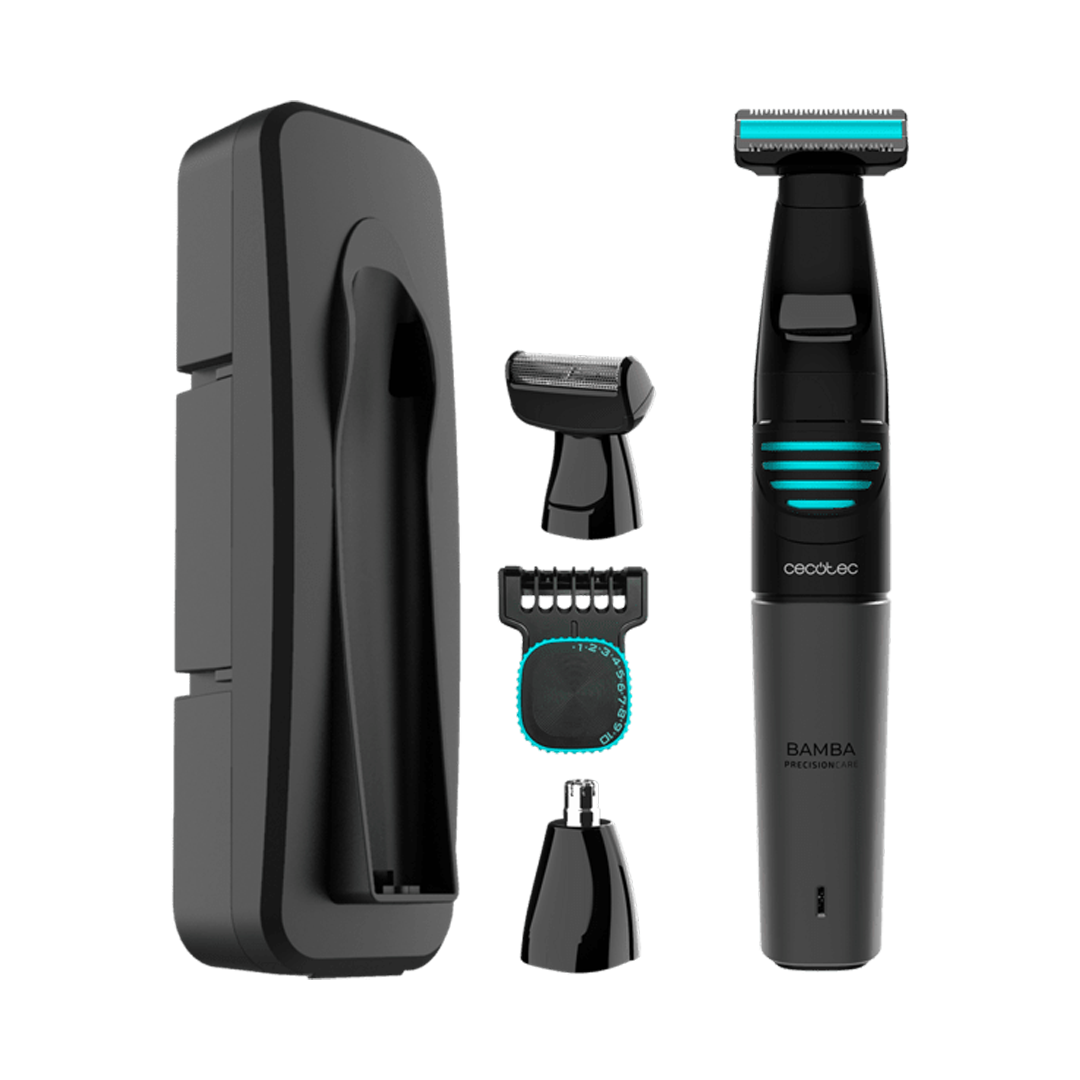 Imagen principal de la afeitadora 04741 Bamba Precision Care Cecotec 5 en 1, destacando su diseño multifunción y accesorios, disponible en Electrocash