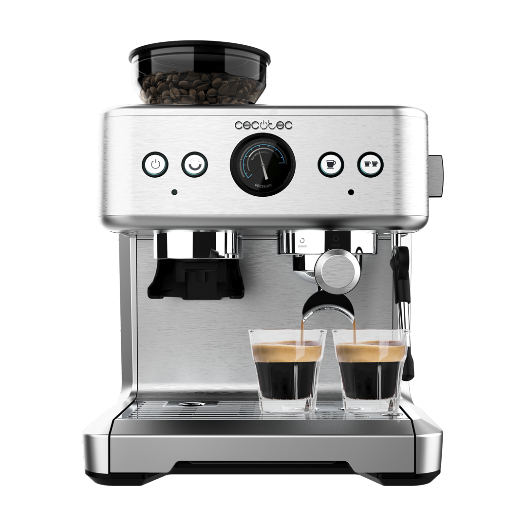 Imagen principal de la cafetera espresso 01729 Power Espresso Cecotec, destacando su capacidad de hasta 20 bares de presión para preparar cafés de alta calidad