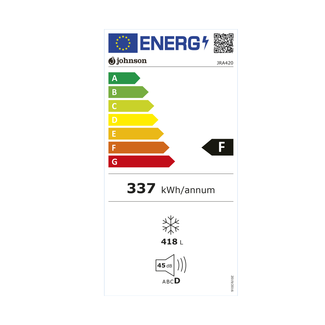 Detalle de la tabla de consumo energético del congelador horizontal Johnson JRA-420, destacando su eficiencia. Disponible en Electrocash