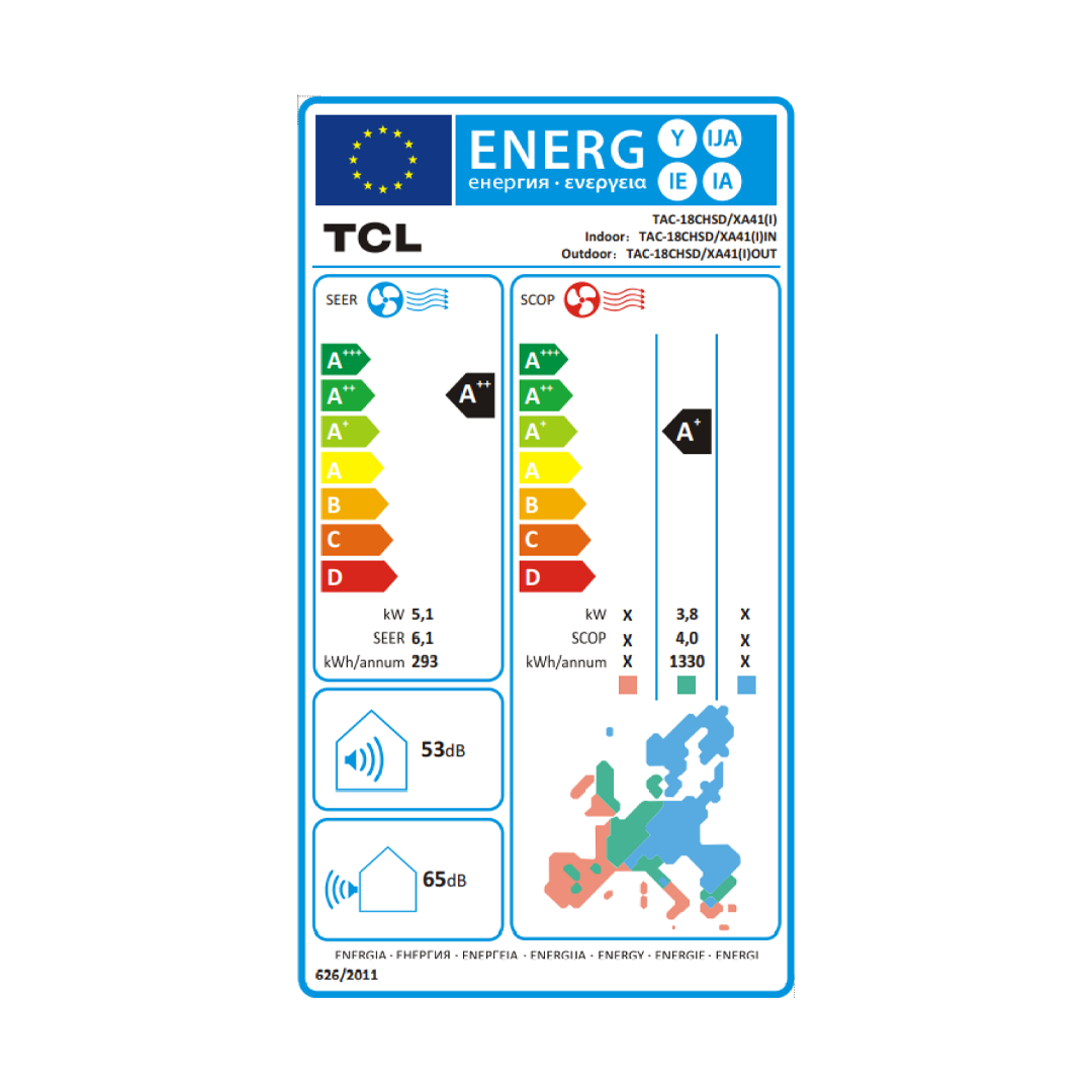 Tabla de eficiencia energética del aire acondicionado Split Elite S18F2S0 TCL, indicando la clasificación energética A++/A+ y otros datos técnicos relevantes