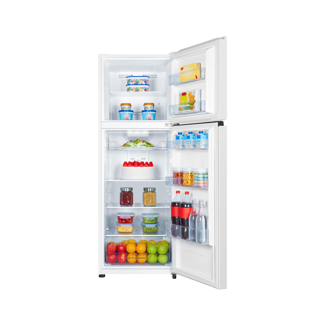 Frigorífico de 2 puertas Hisense RT-422N4AWE en color blanco, mostrando su capacidad completa con alimentos. Disponible en Electrocash