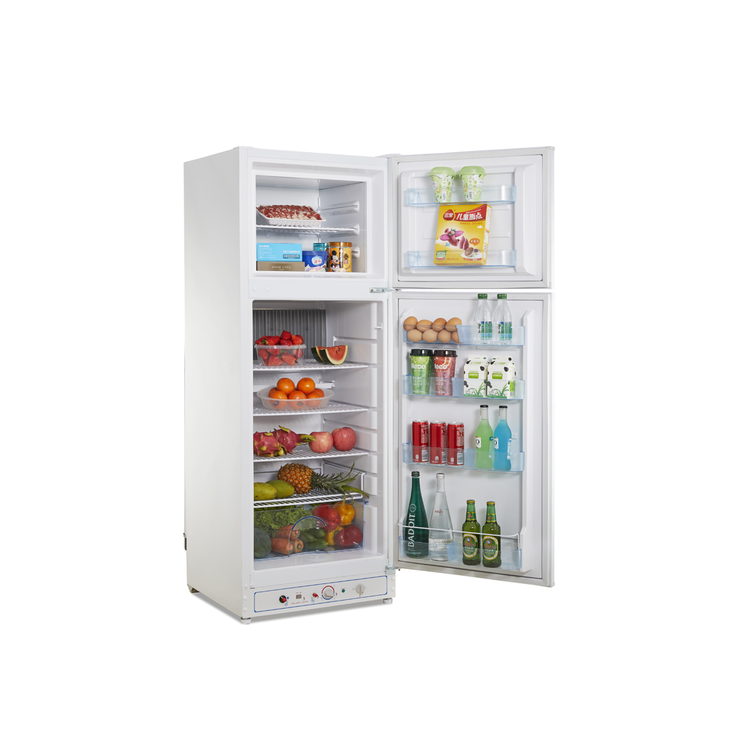Imagen del frigorífico de 2 puertas FG-210BE de Vitrokitchen abierto, mostrando el interior con estantes y compartimentos para alimentos, con capacidad de butano y dimensiones de 163x60 cm, disponible en Electrocash