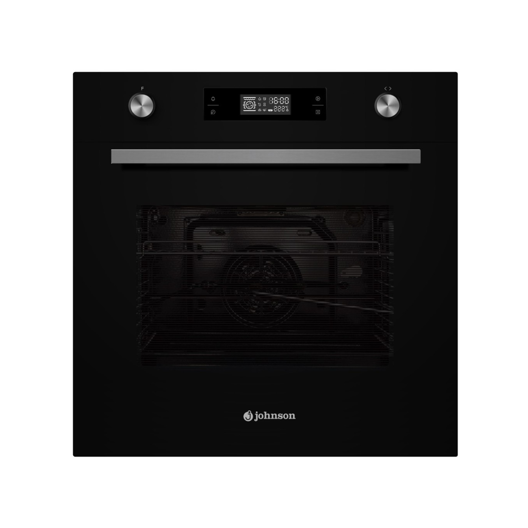 Imagen principal del horno negro JOR-70N de Johnson, con clasificación energética A, 8 programas de cocción y multi display, ideal para una cocción precisa y eficiente, disponible en Electrocash