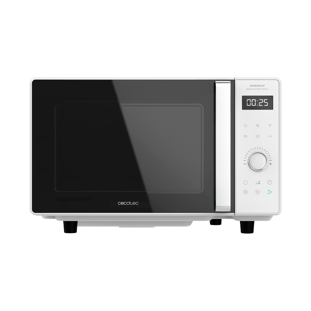 Imagen principal del microondas blanco 01675 GrandHeat Cecotec Flatbet, destacando su diseño moderno y la funcionalidad de su plato Flatbet, disponible en Electrocash