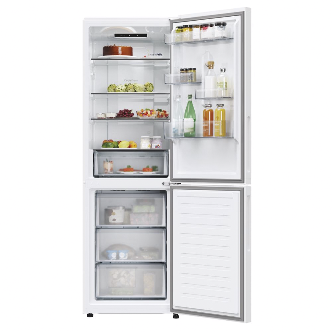Frigorífico combi Cady CNCQ-2T618EW en color blanco, 185x60 cm, mostrando su interior lleno de alimentos. Disponible en Electrocash