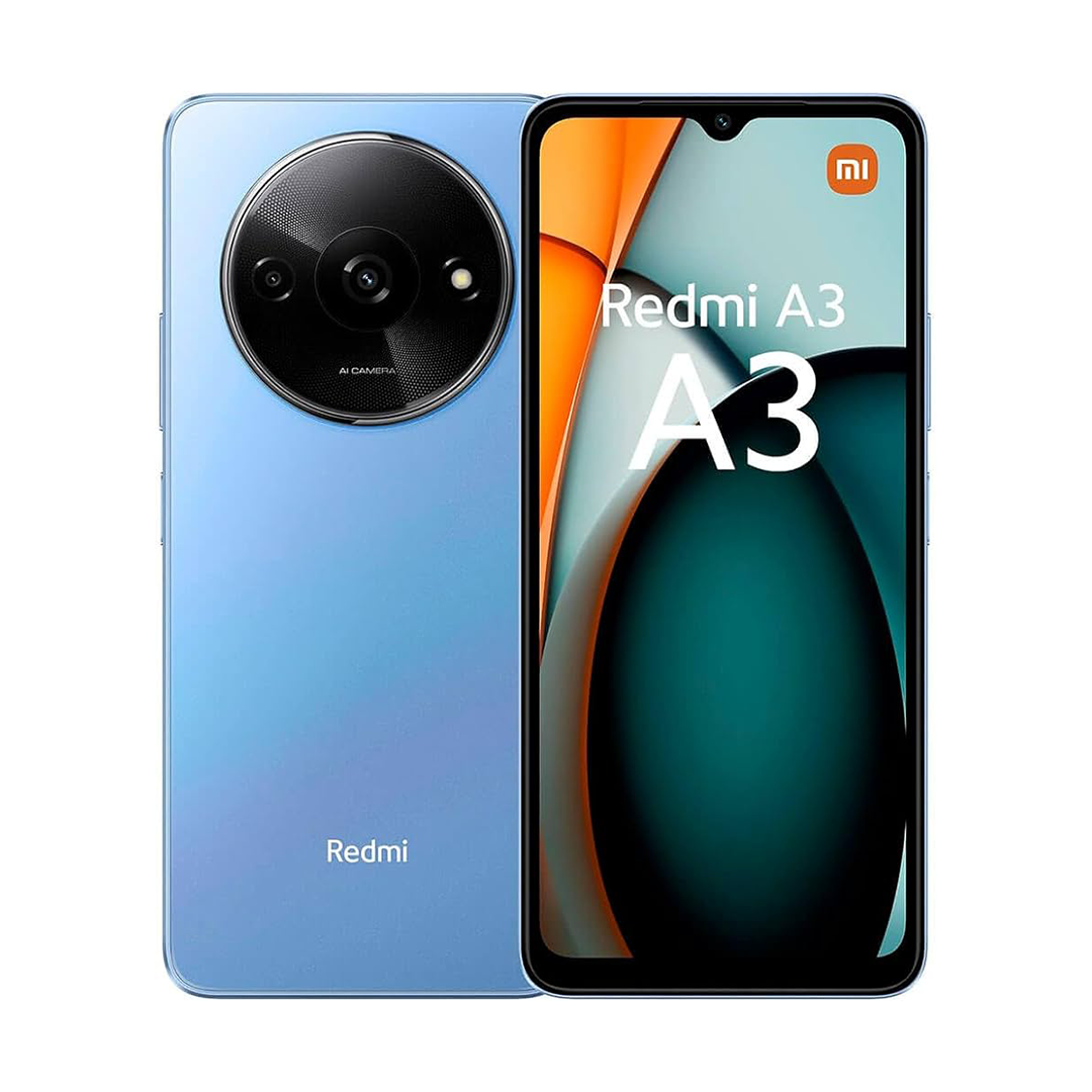 Vista frontal del smartphone 6.71 pulgadas Redmi A3 Star Blue Xiaomi con 3GB de RAM y 64GB de almacenamiento interno