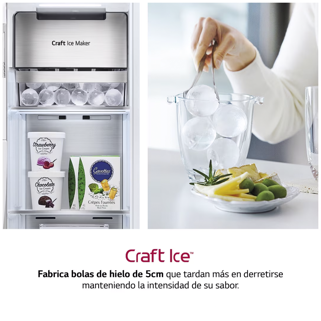Detalle del craft ice de 5cm del frigorífico GSXV-90MCDE de LG, proporcionando hielos grandes y esféricos