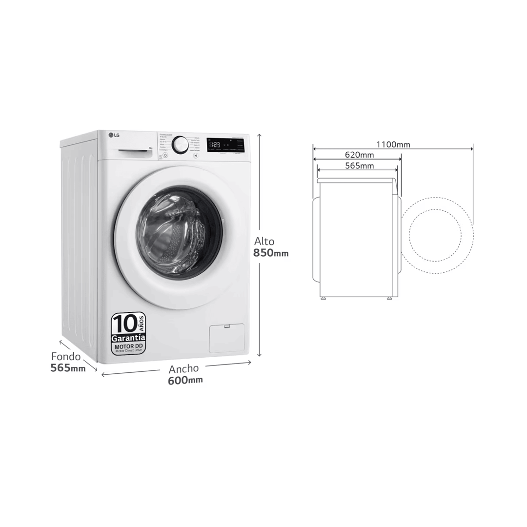 Visualiza las dimensiones precisas de la lavadora blanca F4-WR5009A3W LG A, ideal para ajustarse perfectamente a tu espacio