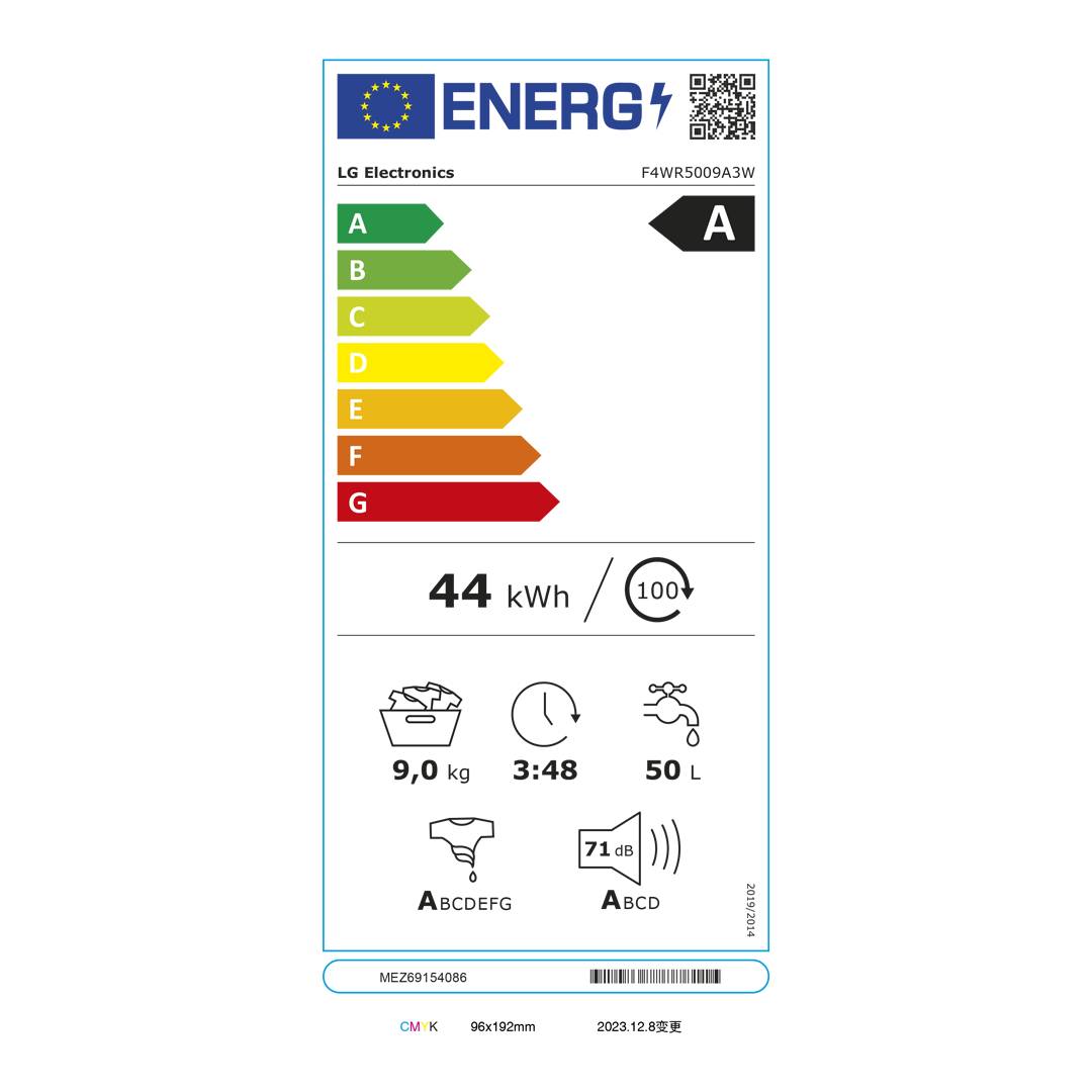 Consulta la tabla de consumo energético de la lavadora blanca F4-WR5009A3W LG, para una gestión eficiente de recursos