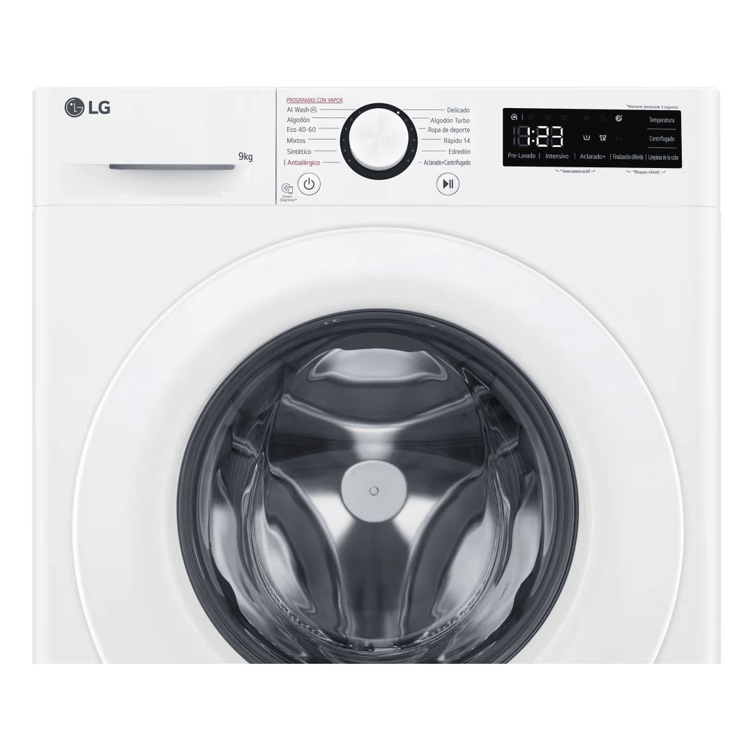Detalle del panel de control intuitivo de la lavadora blanca F4-WR5009A3W LG, facilitando la configuración y operación