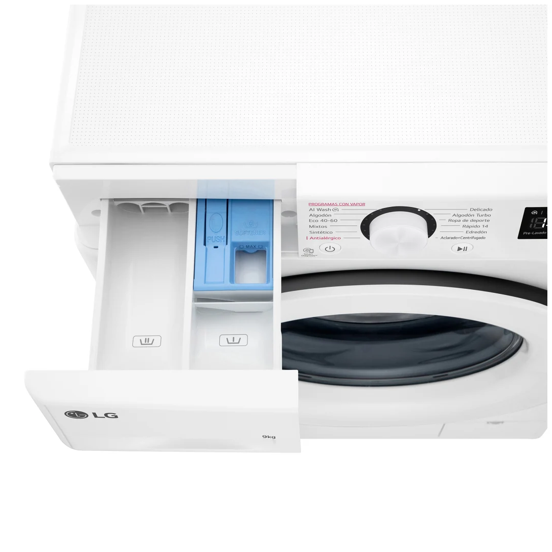 Visión detallada del compartimiento abierto para detergente y productos de la lavadora blanca F4-WR5009A3W LG, facilitando la carga y uso de detergentes y otros aditivos