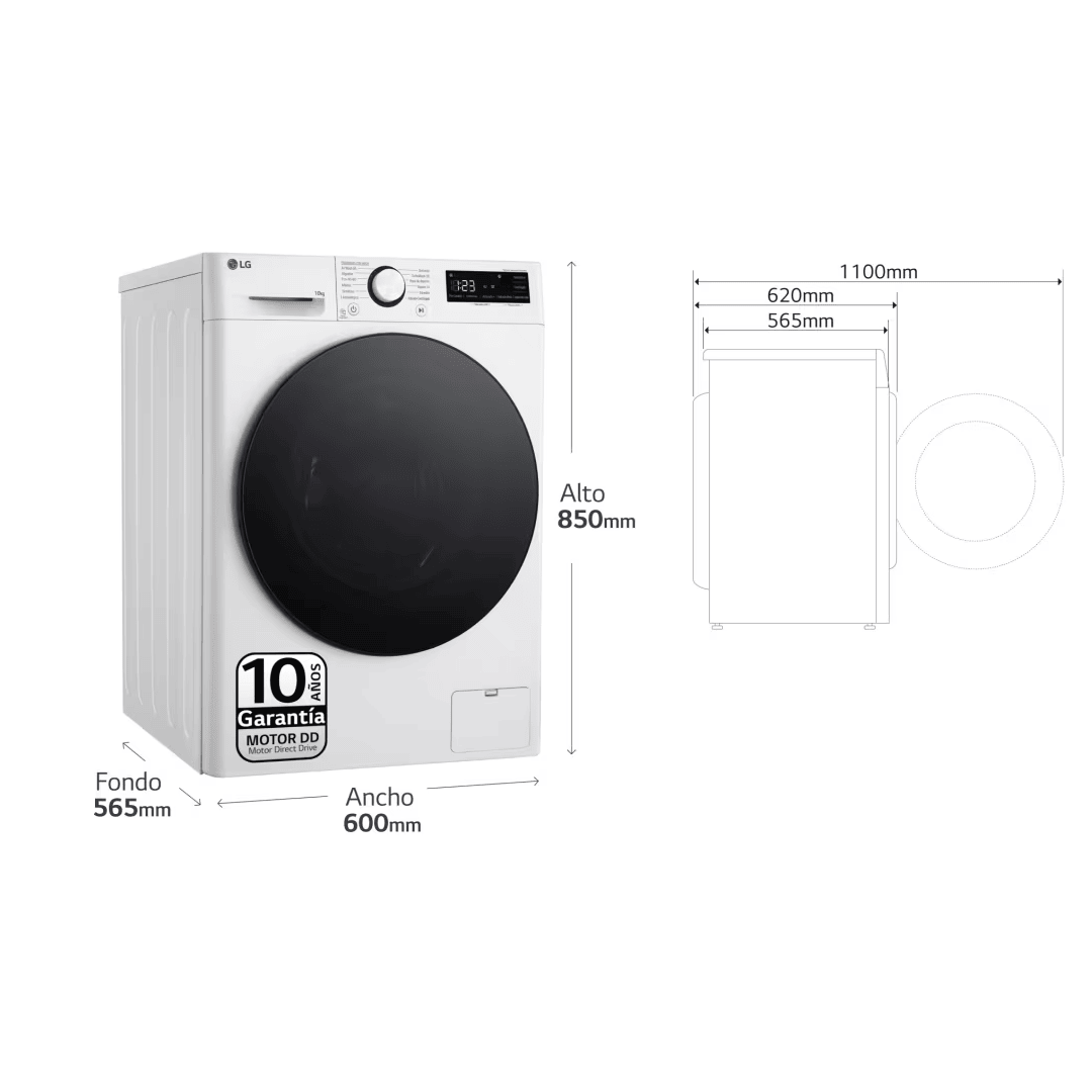 Visualiza las dimensiones precisas de la lavadora blanca F4-WR6010 AGW LG A, ideal para integrarse perfectamente en tu espacio, disponible en Electrocash