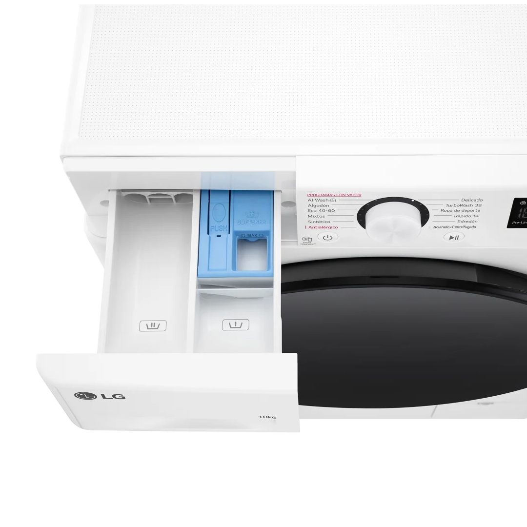 Detalle del compartimento abierto para detergente de la lavadora blanca F4-WR6010 AGW LG A, facilitando la carga y uso de detergentes, disponible en Electrocash