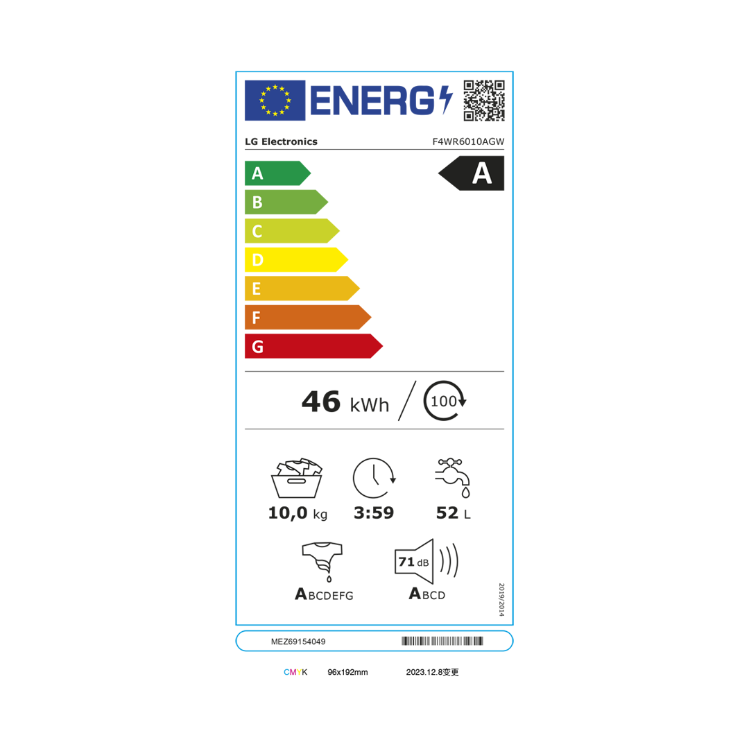 Consulta la tabla de consumo energético de la lavadora blanca F4-WR6010 AGW LG A, para una gestión eficiente de recursos, disponible en Electrocash