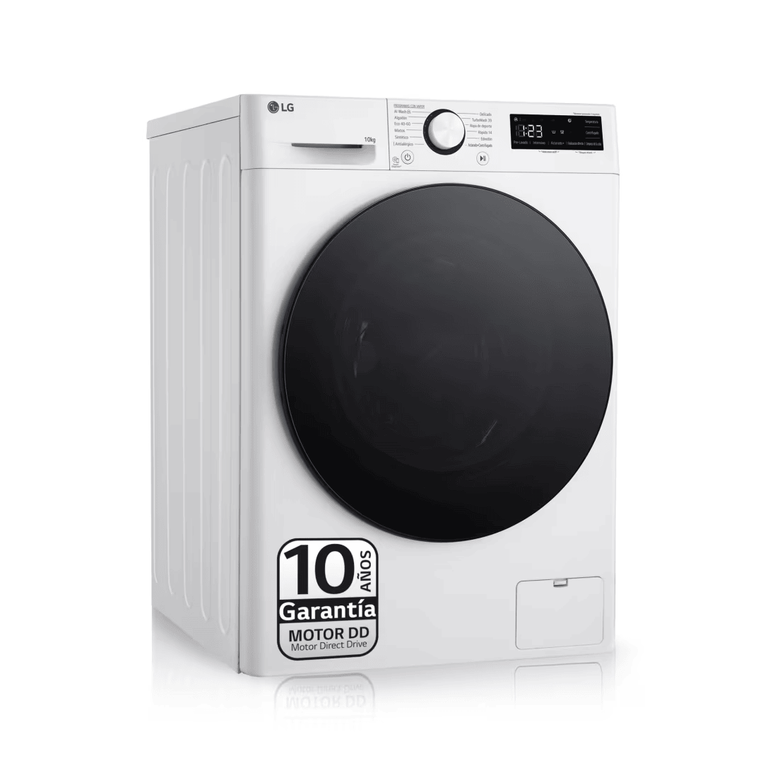 Imagen principal de la lavadora blanca F4-WR6010 AGW LG A, destacando su diseño moderno y características avanzadas, disponible en Electrocash