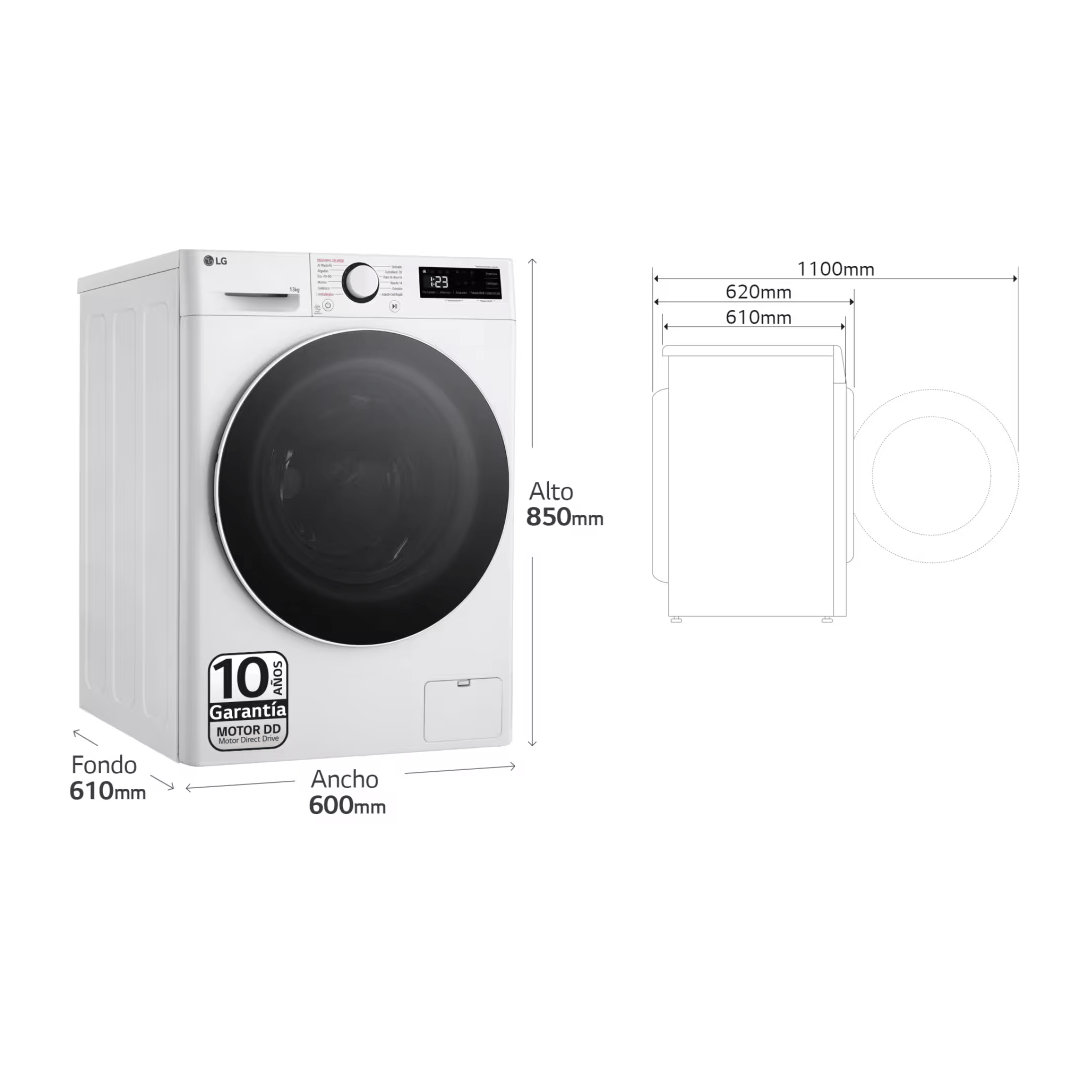 Visualiza las dimensiones precisas de la lavadora blanca F4-WR6013A0W LG A, ideal para integrarse en tu espacio