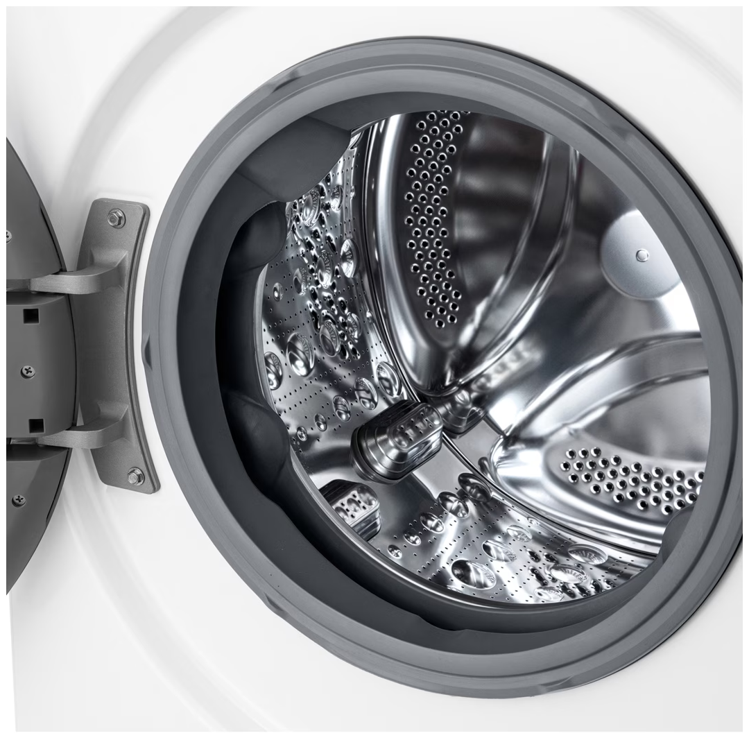 Primer plano del interior de la lavadora blanca F4-WR6013A0W LG A, destacando su capacidad y diseño