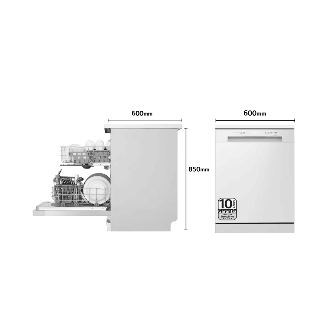 Lavavajillas LG DF-141FW en color blanco, mostrando sus dimensiones. Disponible en Electrocash
