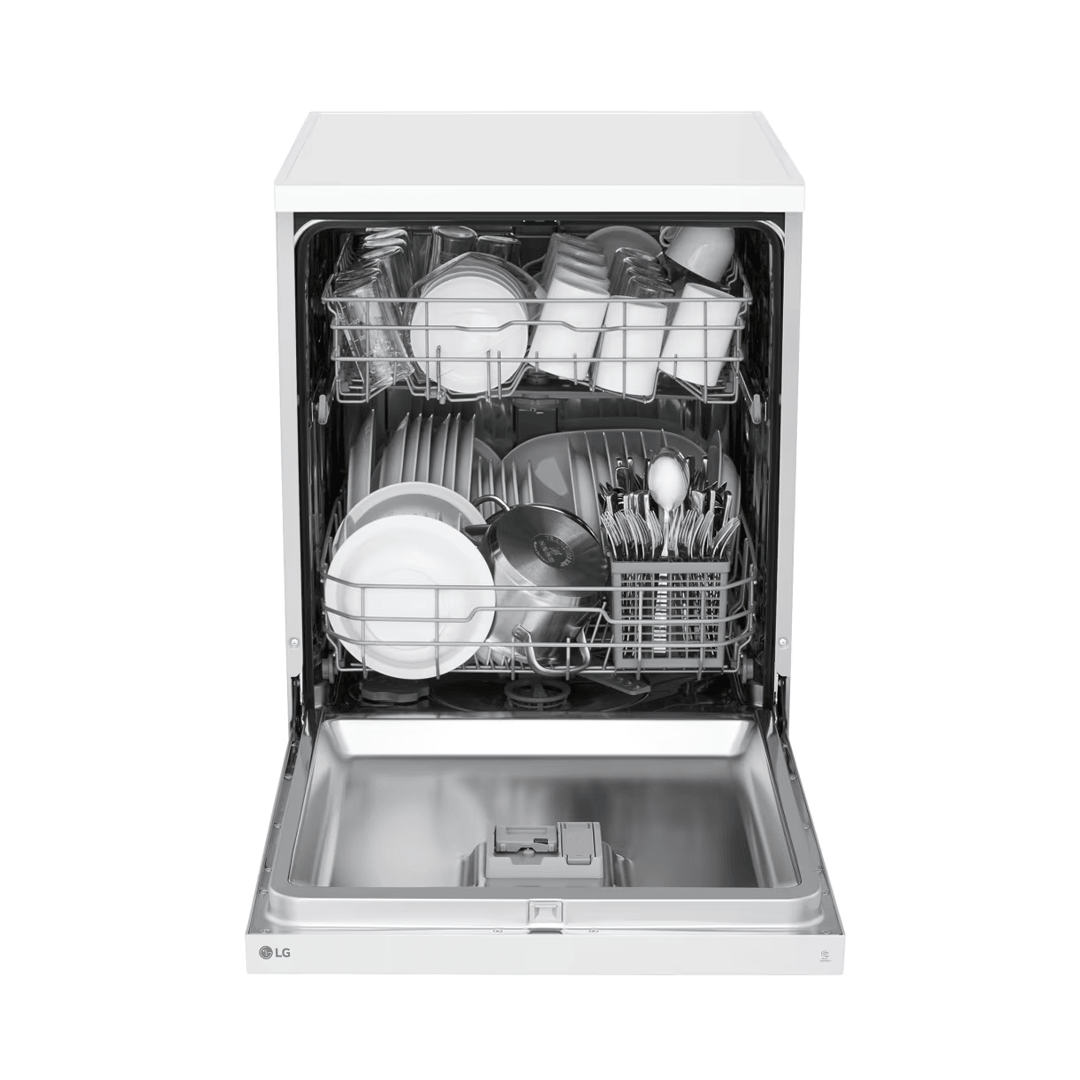 Lavavajillas LG DF-141FW en color blanco, abierto y lleno de vajilla, demostrando su capacidad para 14 cubiertos. Disponible en Electrocash
