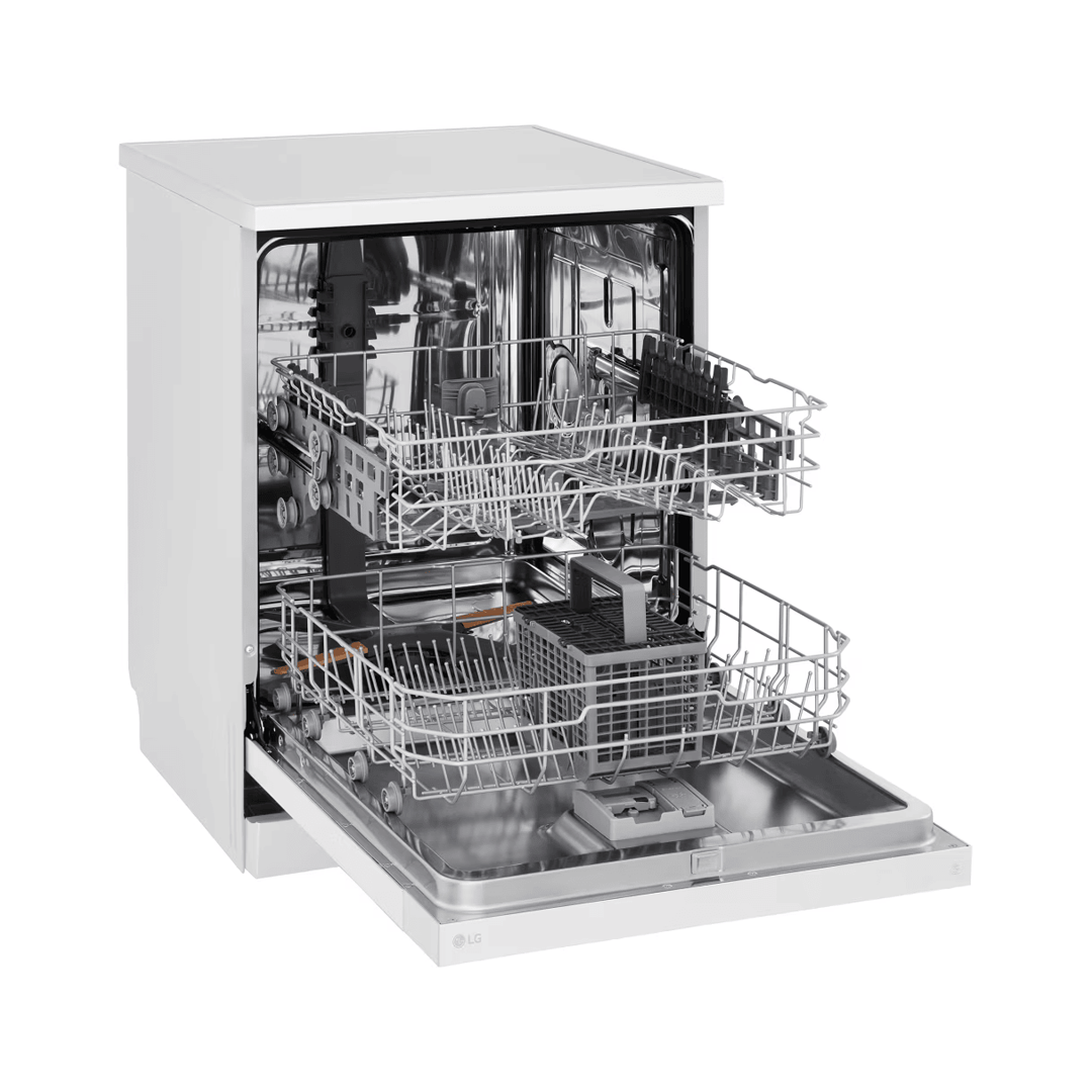 Lavavajillas LG DF-141FW en color blanco, abierto y vacío, mostrando su interior espacioso. Disponible en Electrocash