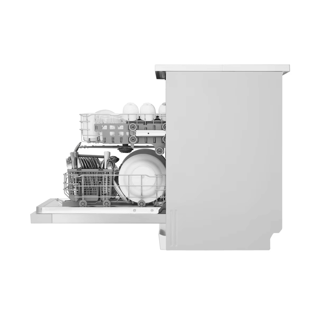 Lavavajillas LG DF-141FW en color blanco, abierto y lleno de vajilla, visto desde un ángulo lateral. Disponible en Electrocash