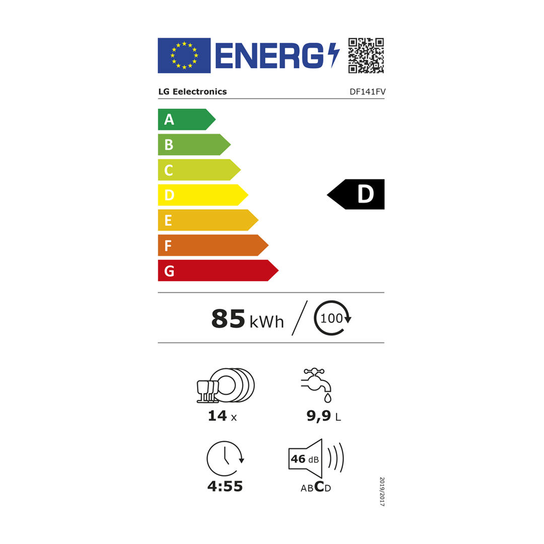 Detalles del consumo energético del lavavajillas Inox 60 DF-141FV LG D; 14 Cubiertos 5P LED en Electrocash