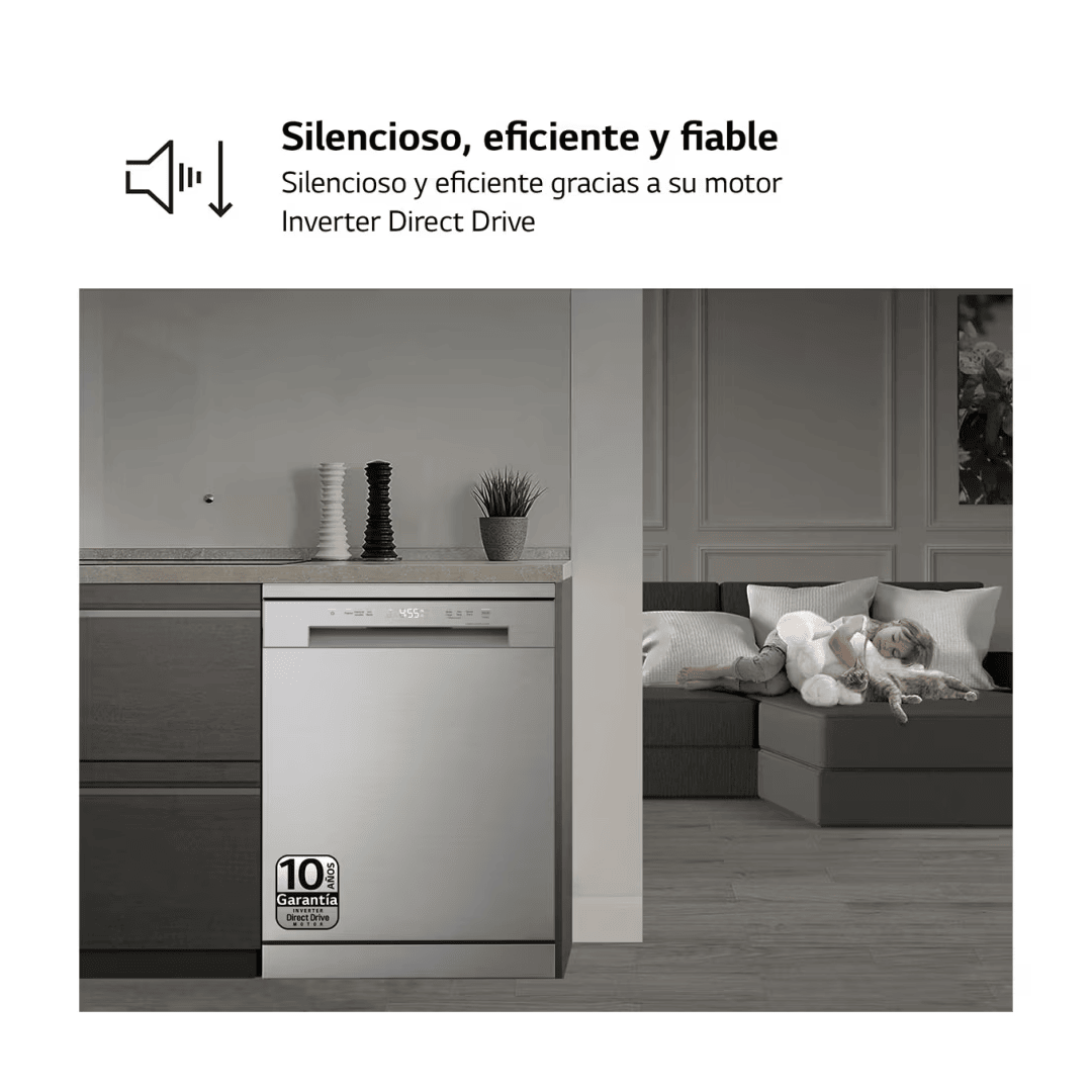 Lavavajillas Inox 60 DF-141FV LG D; 14 Cubiertos 5P LED mostrado en una cocina con énfasis en su funcionamiento silencioso en Electrocash