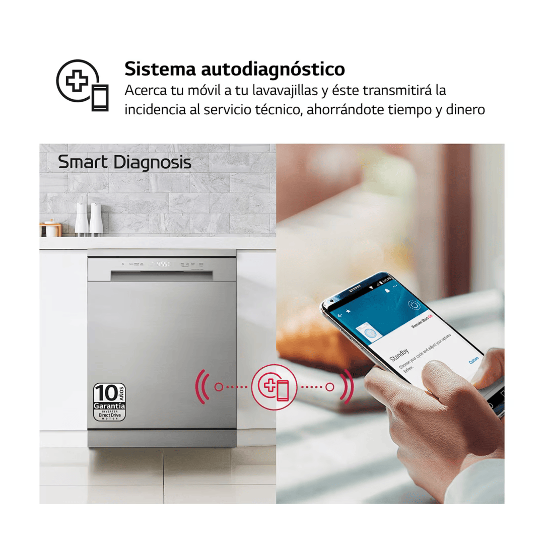Lavavajillas Inox 60 DF-141FV LG D; 14 Cubiertos 5P LED destacando su sistema de autodiagnóstico en Electrocash